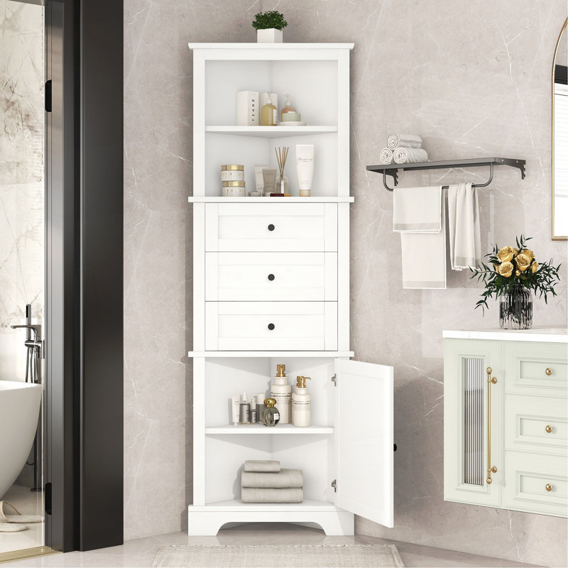 Triangle Tall Cabinet With 3 Drawers And Adjustable Shelves For Bathroom, Kitchen Or Living Room, White