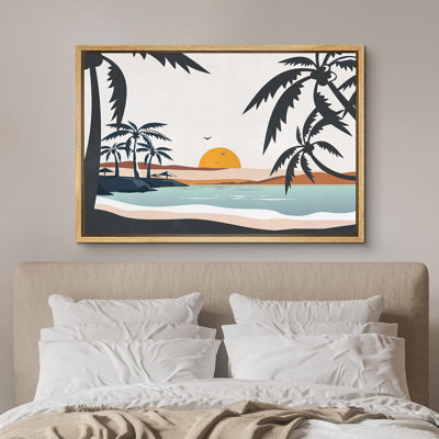 «Coastal Beach Tropical Palm Tree Ocean Beachy Sunset Coastal Decor», reproduction d'art sur toile encadrée