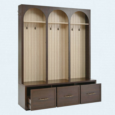 Farmhouse Hall Tree with Arched Design, Storage Bench, Drawers & Hooks, Dark Walnut