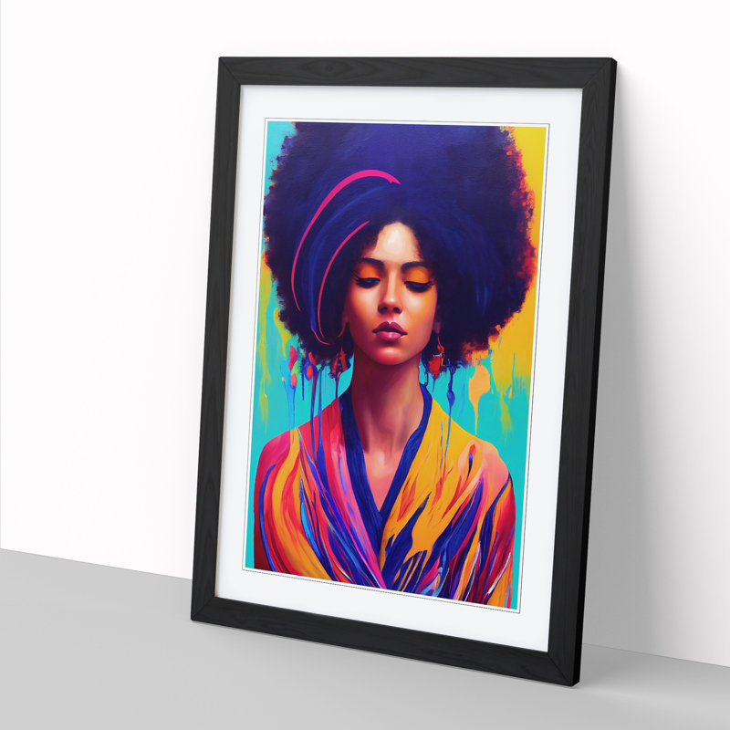 FRM-V0523-2938X Woman With Afro Painted - Single Picture Frame Print, Black, 64cm H x 46cm W x 2cm D