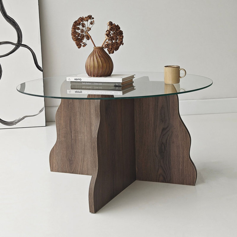Table basse moderne avec plateau 100% verre trempé, noyer et transparent | Structure en carton mélaminé, 29,5 po x 15,7 po x 29,5 po | Conception élégante, parfaite pour le salon et les espaces contemporains, assemblage facile