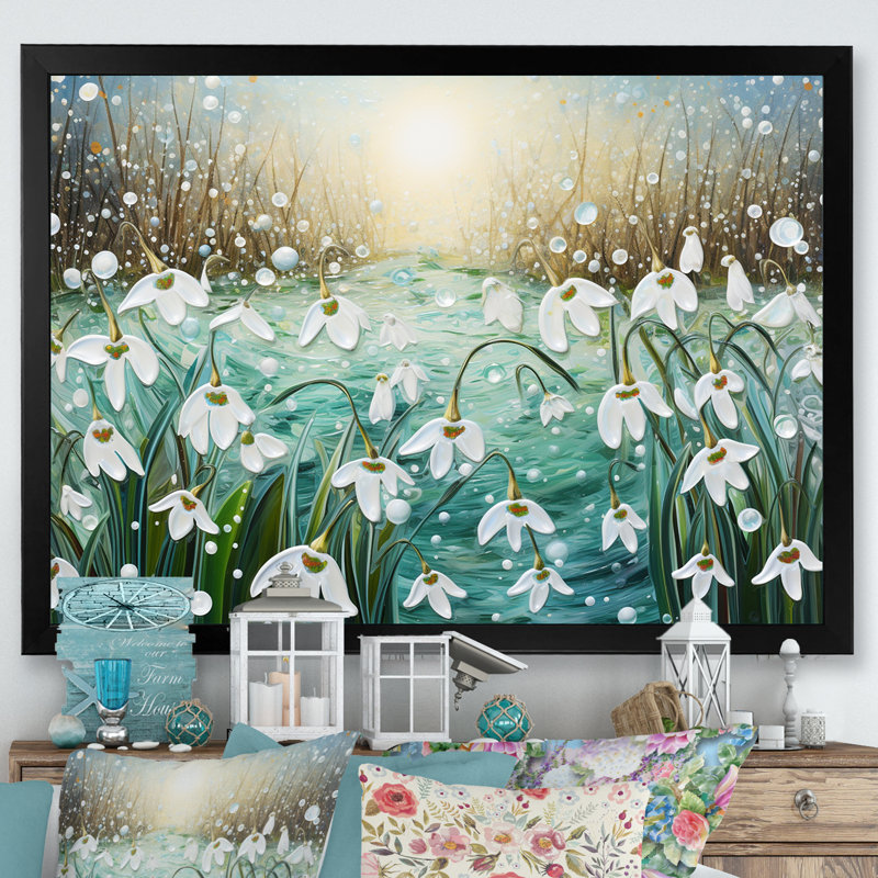 Snowdrop Flowers Field in Winter - impression, H 30 po x l 40 po x P 1,5 po, Closed Corner Frame Black