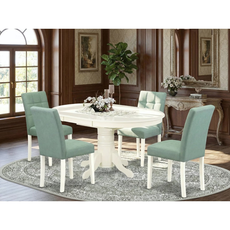 Ensemble de table de salle à manger 5 pièces comprenant une table et 4 chaises en tissu de polyester vert saule, blanc lin