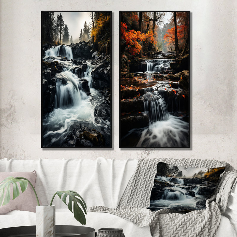«Waterfall Dancing Cascades», 2 pièces sur toile, Cadre noir, H 32 po x l 32 po