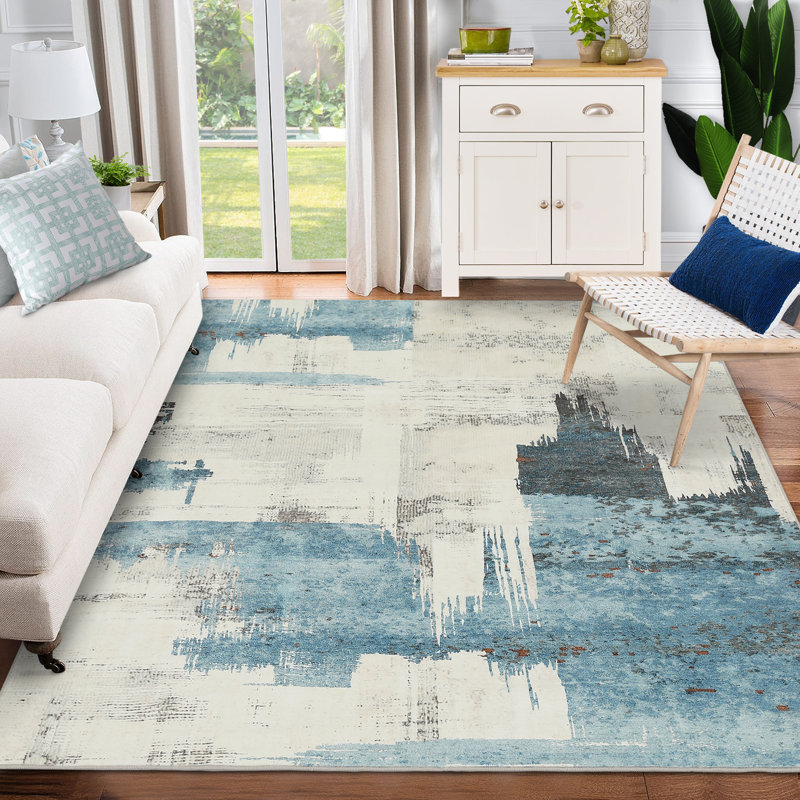 Rececca Abstract Beige Blue Area Rug, Stain Resistant Washable Floor Mat, Rectangle 8' x 10'