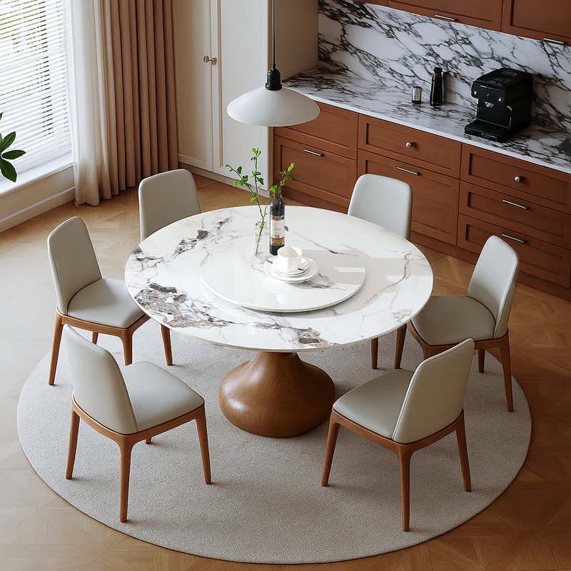 Table de salle à manger ronde en pierre frittée de 53 po, design moderne de luxe américain, table tournante 360 °, 8 places, palette de couleurs blanc noyer, surface facile à nettoyer, espace de rassemblement de pièce de style moderne, finition rotative,