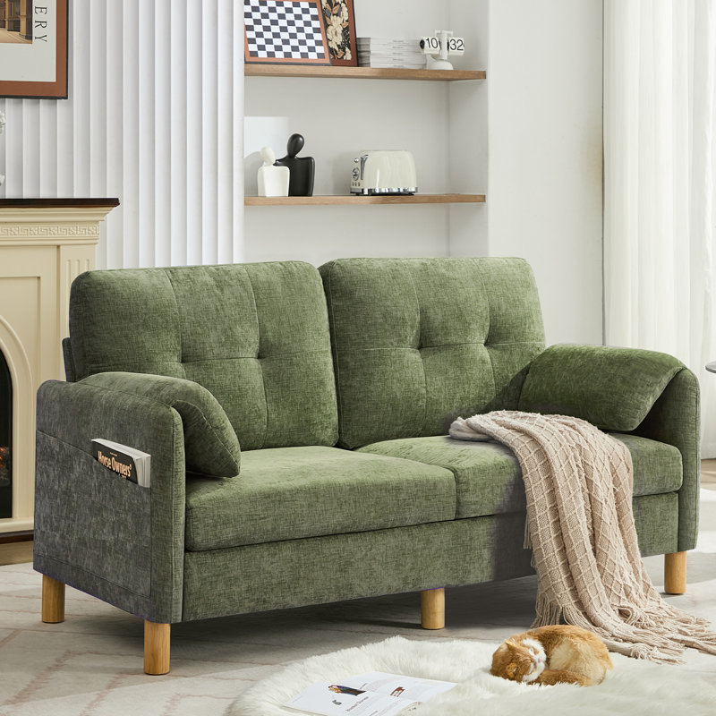 Canapé-lit en chenille 65,4 po avec accoudoirs coussinés et 2 poches de rangement, Vert