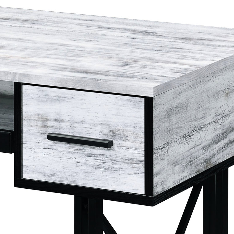 Bureau rectangulaire de style industriel avec plateau à clavier et rangement en blanc antique + tiroirs d'ordinateur noirs de style industriel, gris
