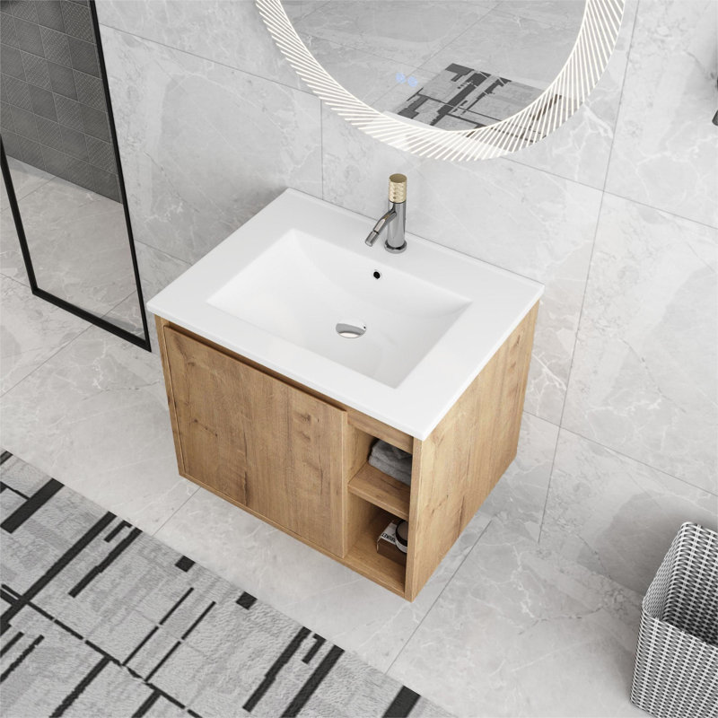 Ehonmwon 24'' Wall Mounted Single Bathroom Vanity with Ceramic Top, Floating Vanity with 1 Door and 1 Shelf