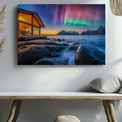 Toile dans une scène de crépuscule à couper le souffle, une cabane en bois confortable avec art mural