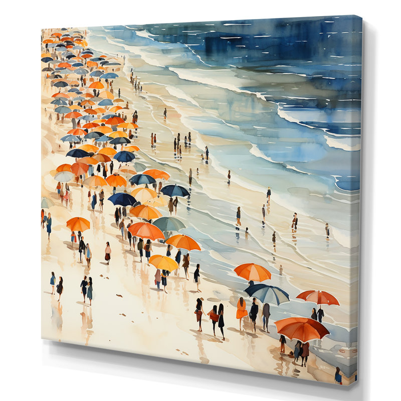 Parasol orange, jour de plage, tranquillité III - Beach People, art mural, Toile tendue, H 36 po x l 36 po x P 1,5 po