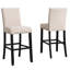3 tables rondes avec 2 chaises de pub en tissu brun clair, finition et pieds en métal et bois