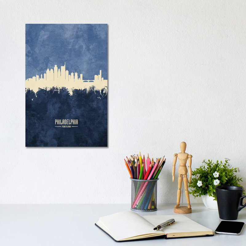 Philadelphia Pennsylvania Skyline Navy by Michael Tompsett - 1 Piece Wrapped Canvas Wall Art, 20.32 cm H x 30.48 cm W