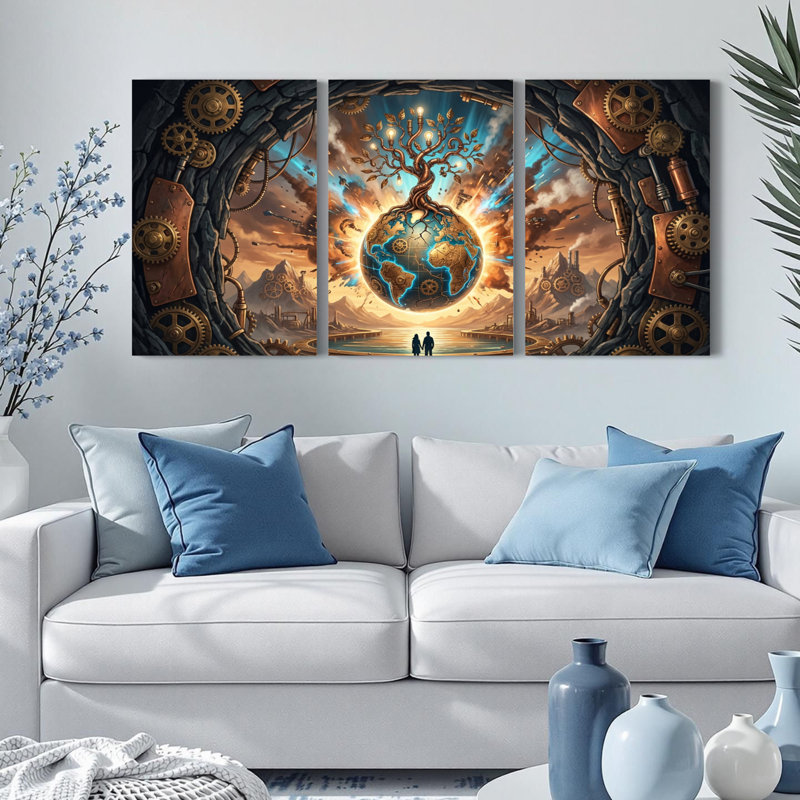 Ensemble de 3 tableaux muraux Steampunk Arbre de Vie Globe Terre sur toile tendue, pour salon, chambre et décoration intérieure