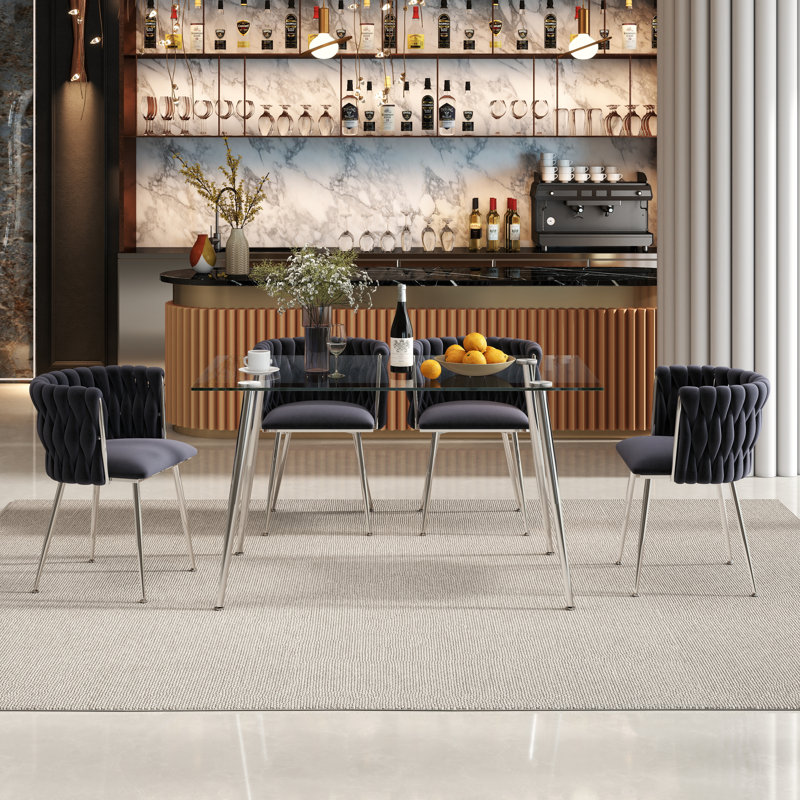 Modern Rectangular Dining Set with Upholstery Dining Chair, 5 Pieces: Table, 4 Chairs, Silver, Black/Silver