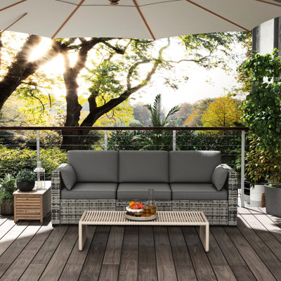 Extérieur gris avec 3 sièges, coussins et une structure en acier pour l'extérieur, 3 coussins de jardin