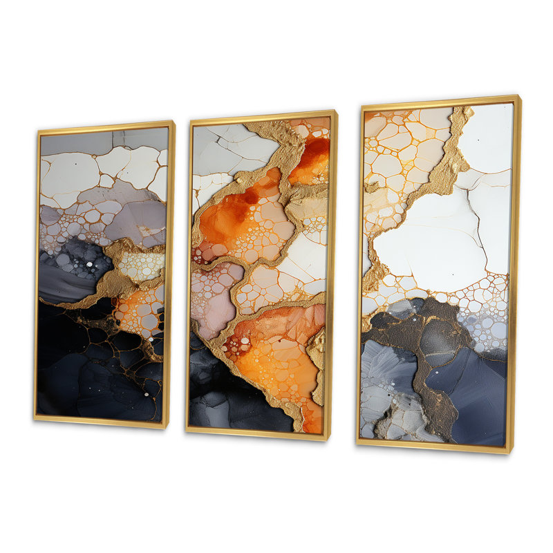 «Slab Structures» - ensemble d'art mural en marbre orange, blanc et noir, Cadre flottant doré, H 40 po x l 60 po x P 1 po