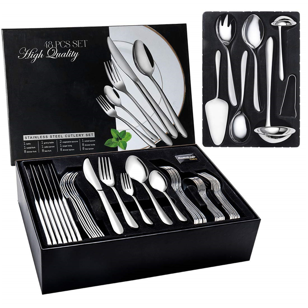 48 Teiliges Besteck Set 8 Personen, Edelstahl Besteckset Mit Servierbesteck, Essbesteck Mit Gabeln Messer Löffel Servier...