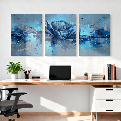 Ensemble de 3 tableaux muraux abstraits à motif floral bleu
