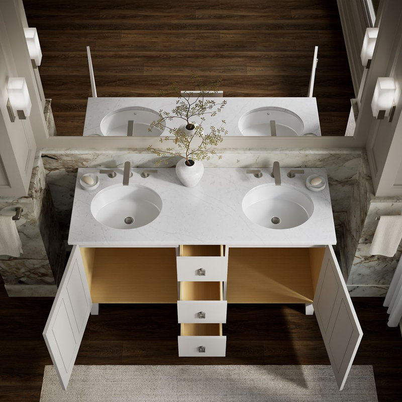 Base de meuble-lavabo en popeline 60 po avec pieds de meuble, 2 portes et 3 tiroirs, Blanc lin