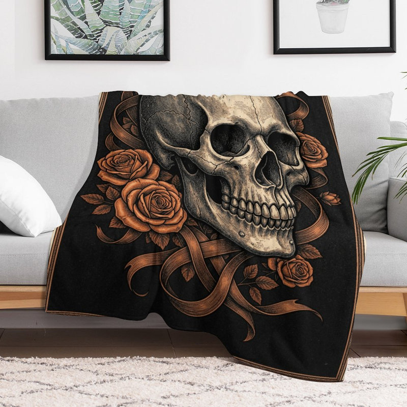 Jeté en flanelle Skull With Roses, 40 po x 50 po