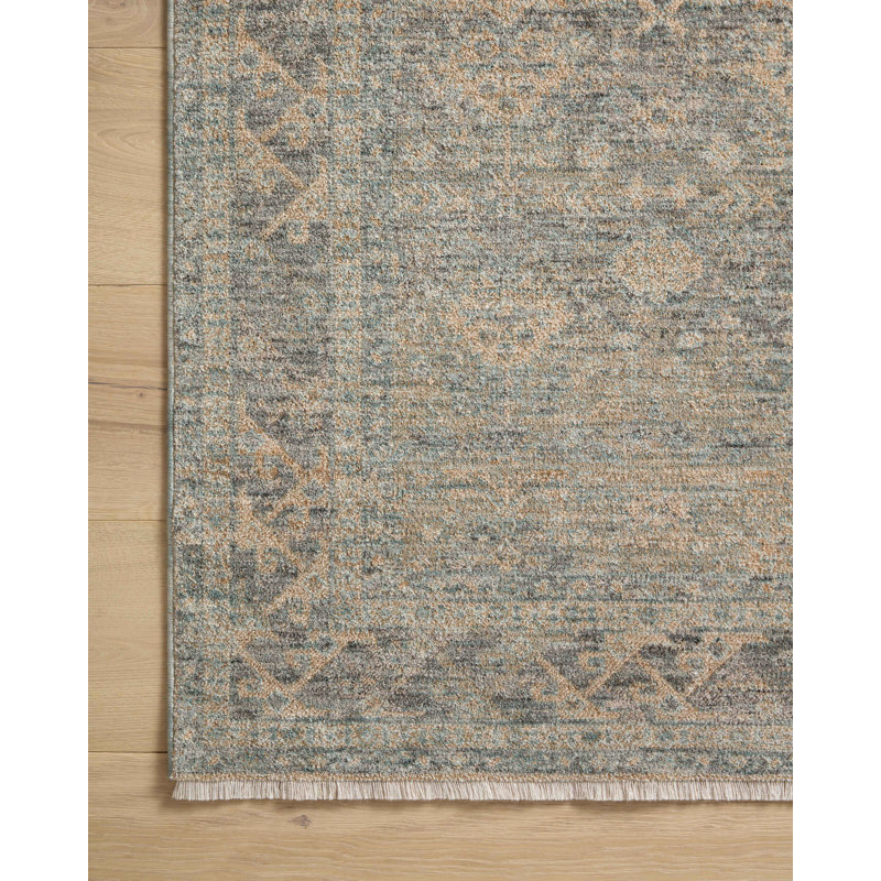 Sky and Beige Distressed Polyester Runner Rug with Fringe