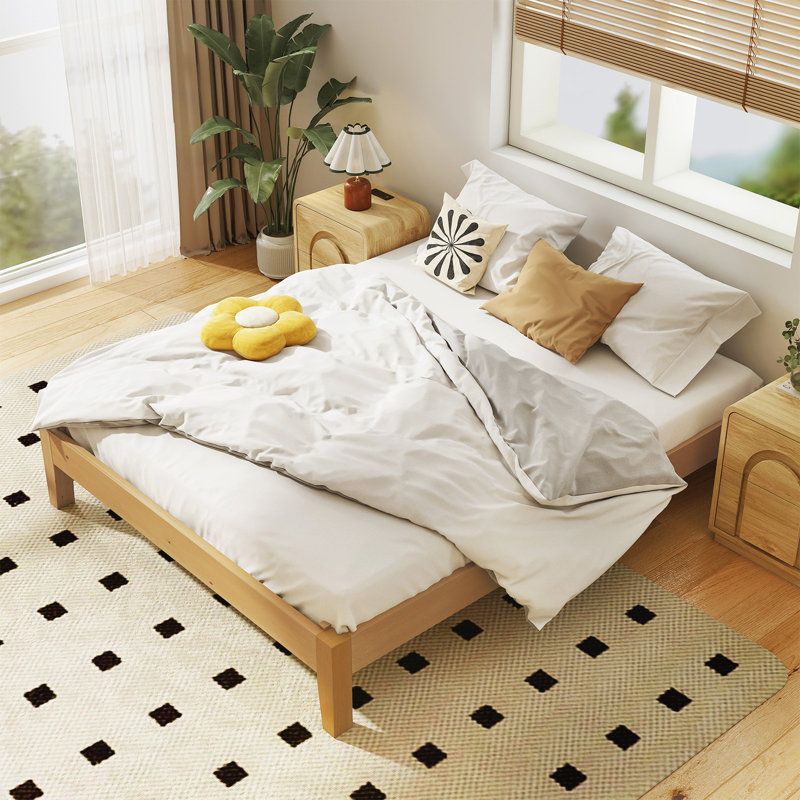 Solid Wood Bed Frame with Slatted Support, No Springs Required, Easy Assembly, Sturdy Center Leg, Full, Natural