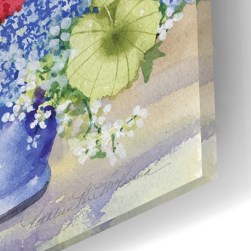 Art mural en verre acrylique épique «Red Geraniums with the Blues» par Kathleen Parr, 24 po x 16 po, H 16 po x l 24 po