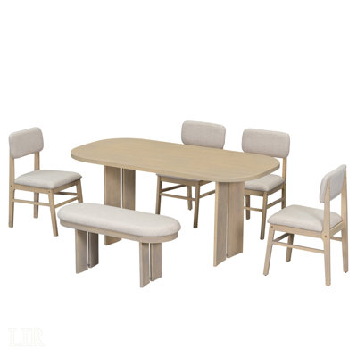 Ensemble de table de salle à manger en bois massif avec banc - 6 pièces de mobilier de salle à manger rectangulaire rembourré pour les réunions de famille, style campagne moderne