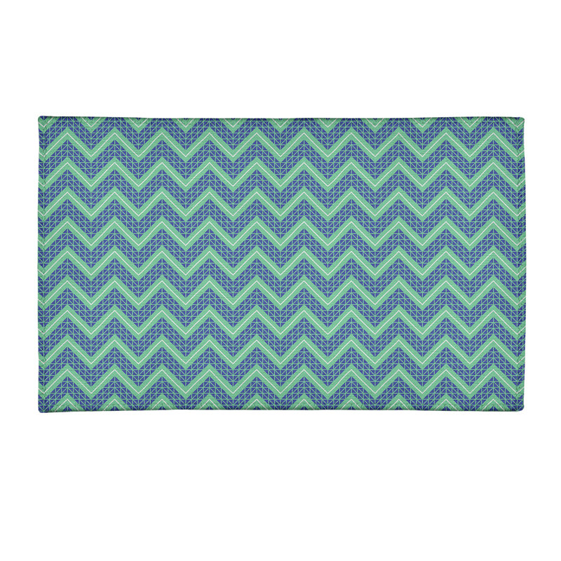Tapis vert/bleu à chevrons à main, Rectangle 3 pi x 5 pi