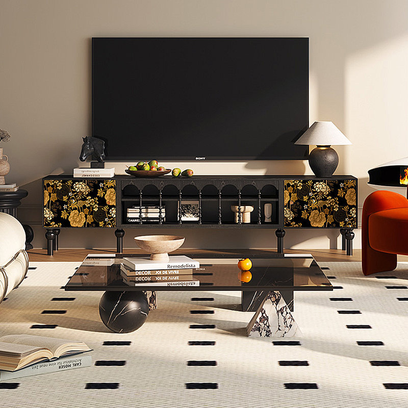 Meuble télé avec rangement peint français rétro, H 21,26 po x P 15,75 po x l 86,61 po, Noir