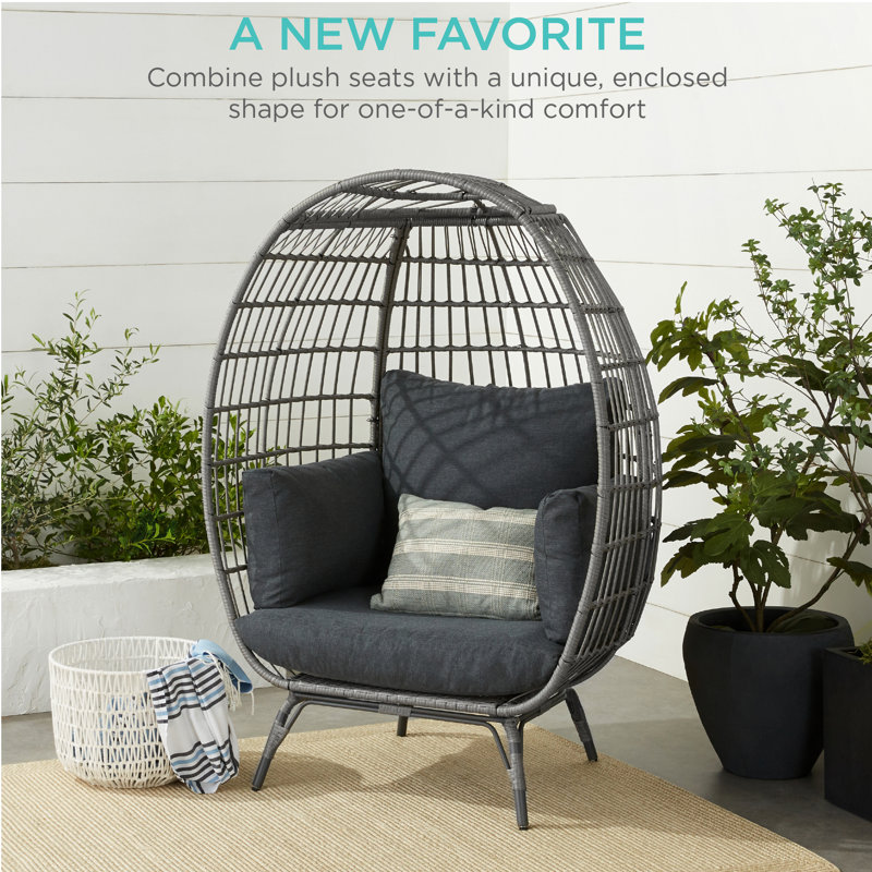 Gray Wicker Oversized Egg Lounge Chair with Cushions