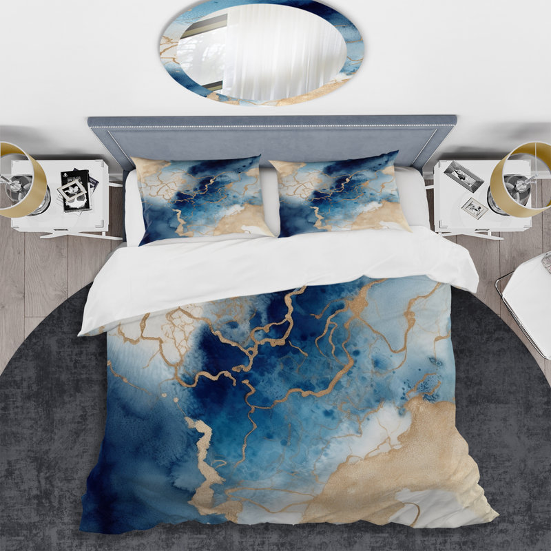 Ensemble de housse de couette abstrait bleu et doré Marble Clouds - polyester en microfibre