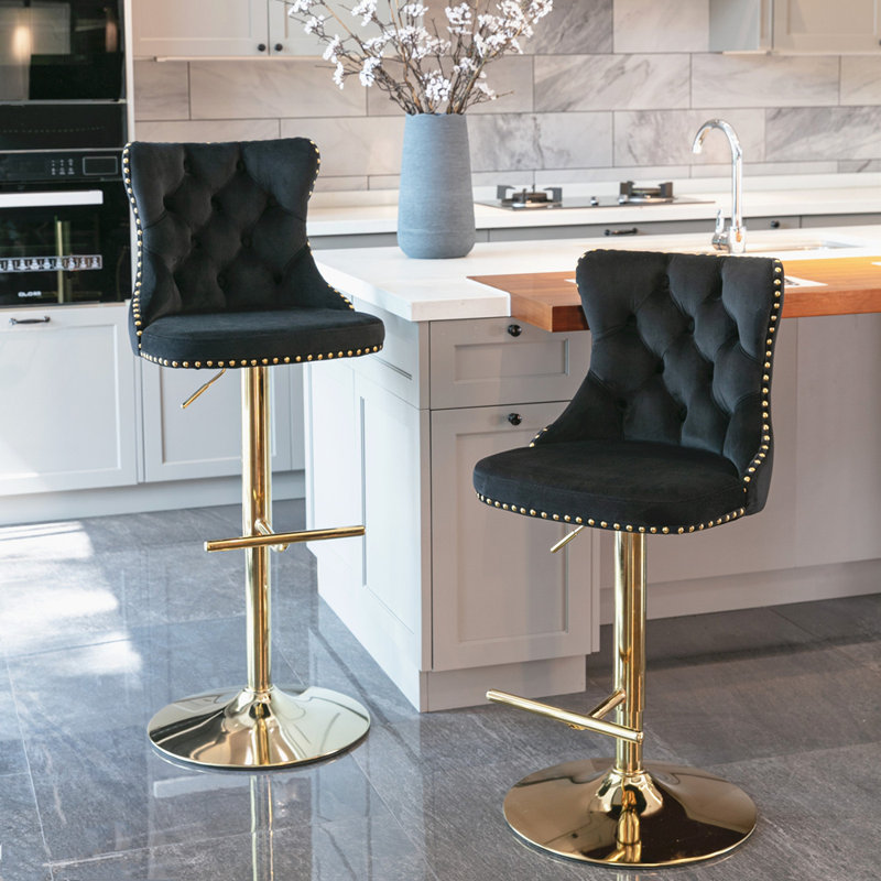 Swivel Velvet Barstools with Adjusatble Seat Height, Black, Gold