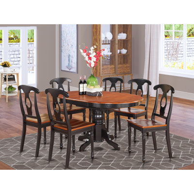 7 Piece Modern Dining Table Set Consist of an Oval Wooden Table with Butterfly Leaf and 6 Kitchen Dining Chairs, 42x60 Inch, Buttermilk & Cherry