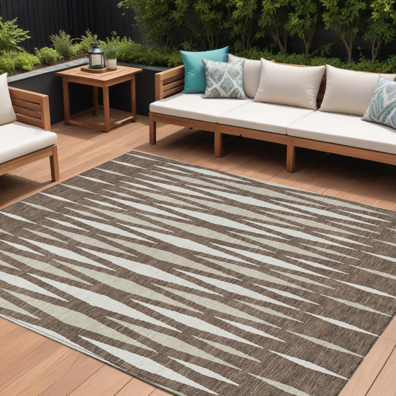 Tapis intérieur / extérieur géométrique lavable brun et ivoire 10 pi x 14 pi