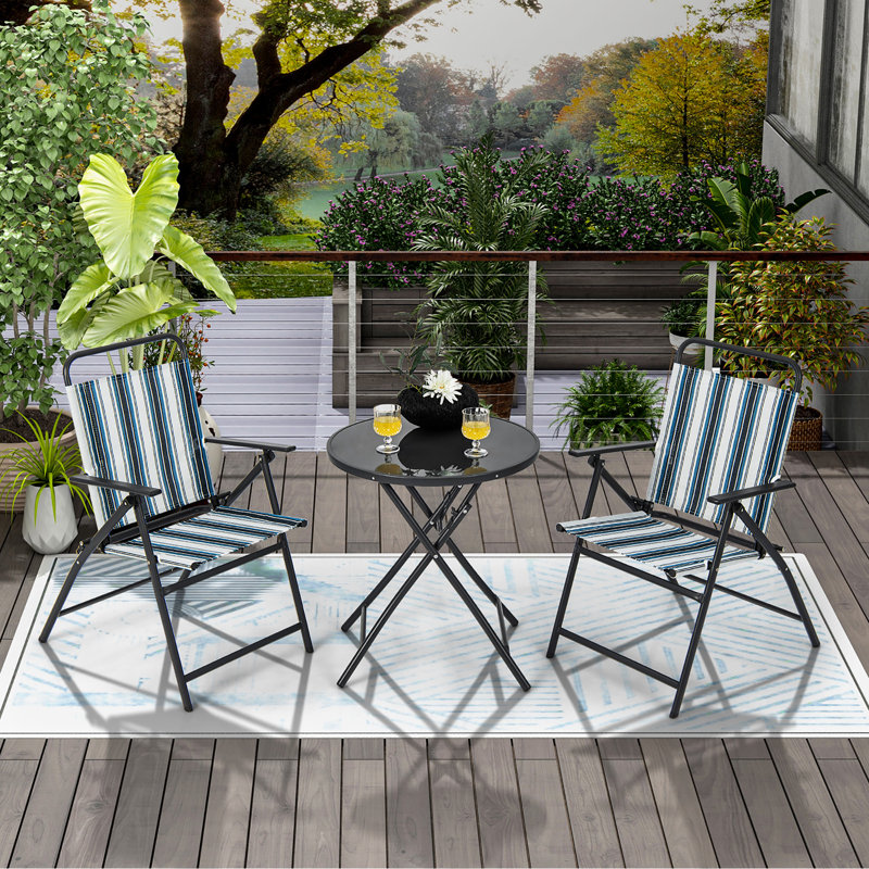 Ensemble de chaises pliantes 3 pièces Ebern Designs avec 2 chaises et table basse ronde en verre