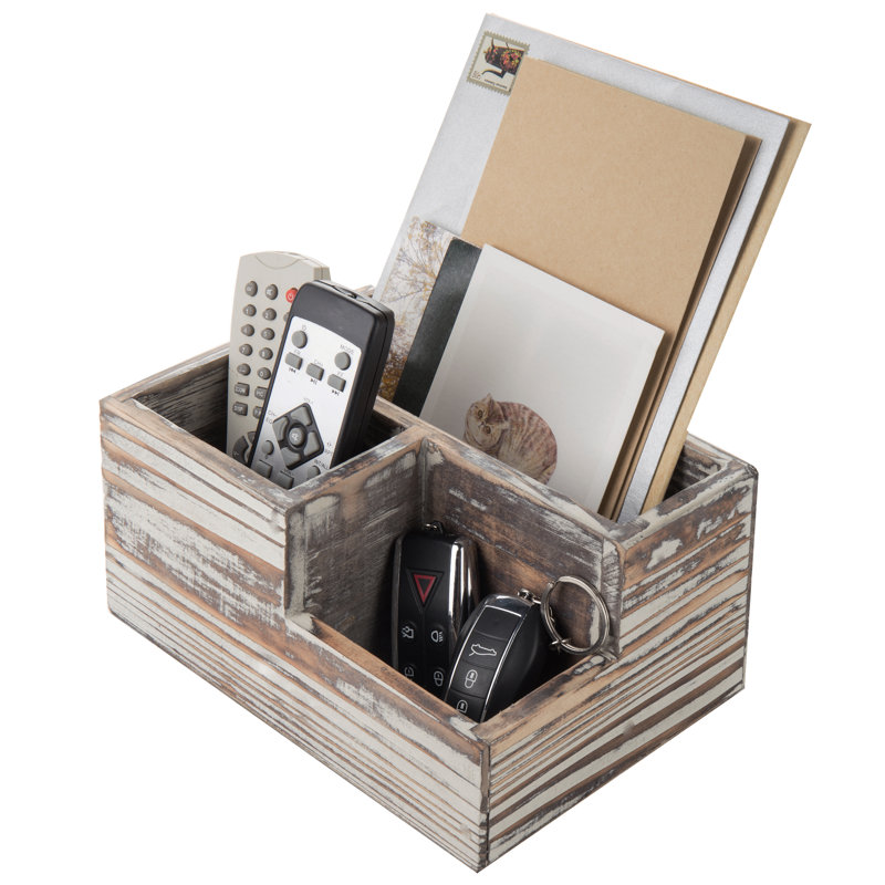 Plateau de rangement de bureau, organisateur de bureau en bois massif rustique avec 3 compartiments pour accessoires de bureau