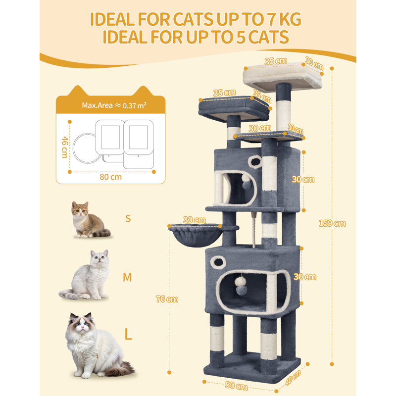 159 cm Cat Tree for Indoor Cats, Cat Tower, Multi-Level Cats Condo with 8 Scratching Posts, 3 Platforms, 2 Caves, Basket, Plush Balls, Sisal Rope, Anti-Tip Kit