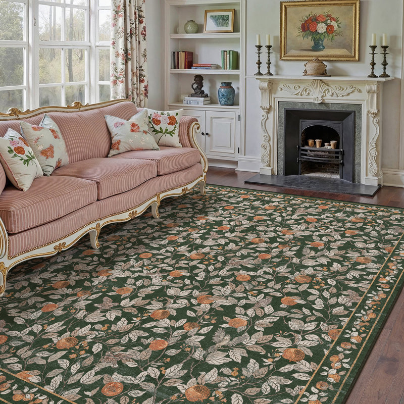  Aurelle Elegant Vintage Pomegranate Area Rug in Dark Green, Rectangle 9' x 12'