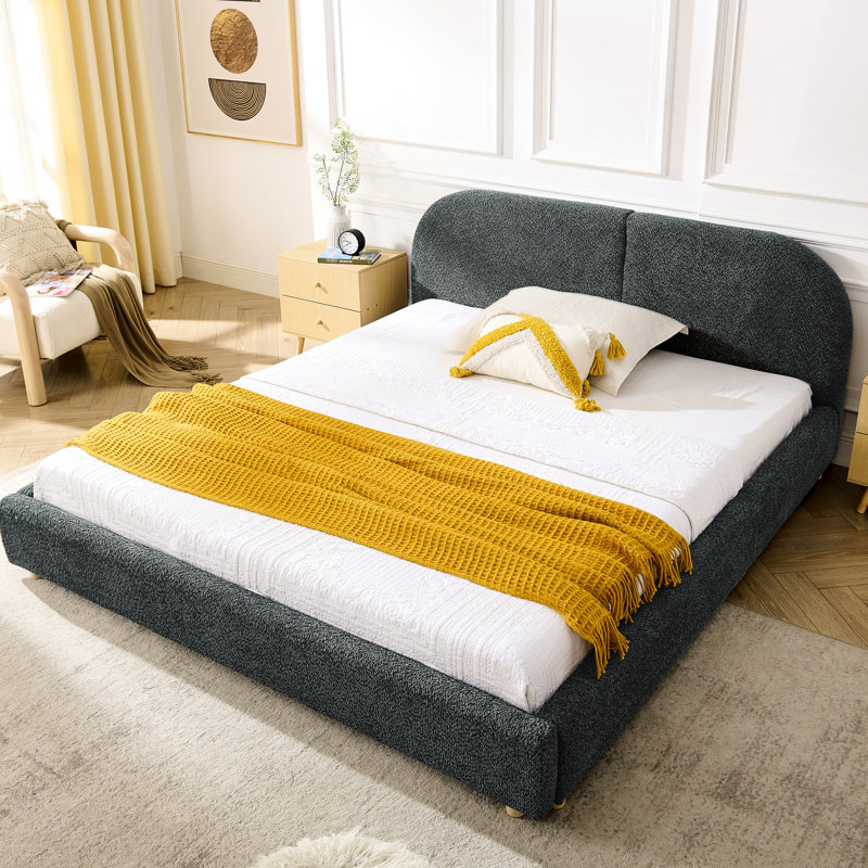 Queen Size Bed With A Modern Minimalist Look, Tall Curved Headboard, And Long - Lasting Stability In Dark Grey Upholstered Frame Featuring Soft Comfortable Headboard Colour