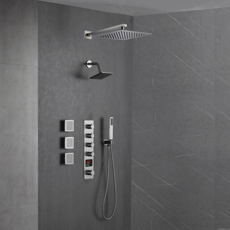 Système de douche mural thermostatique à affichage numérique en nickel brossé à 4 voies - Fonctionnalité double avec tête de pluie à DEL de 12 ou 16 pouces ou non et tête régulière haute pression de 6 pouces