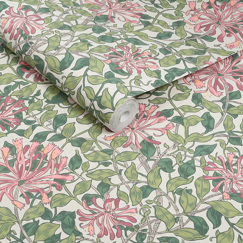 William Morris Honeysuckle Verde Wallpaper, Pink