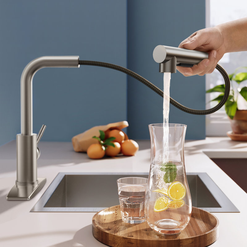 Pull Down Single Handle Kitchen Faucet With Deck Plate, Handles and Supply Lines, Brushed Nickel