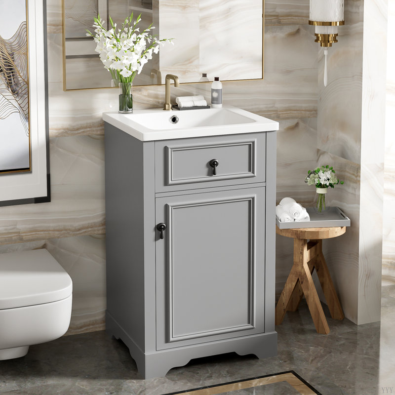 20-Inch Bathroom Vanity with Ceramic Sink - Space-Saving Cabinet with Soft-Close Door, Adjustable Shelf & Door Rack for Small Bathrooms, Compact Storage Solution