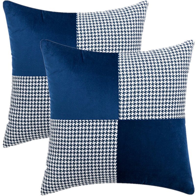 Checkered Cotton Blend Pillow Cover, Navy Blue