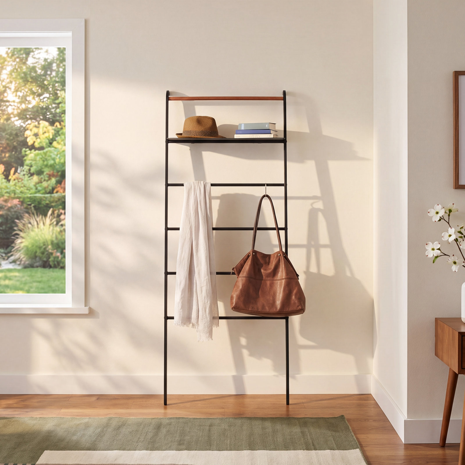 Leaning Blanket Ladder with Shelf, Black