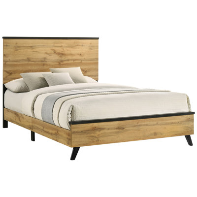 Eastern King Panel Bed Featuring Mid - Century Modern Lines And Rustic Wood Grain In Weathered Brown Natural Pine, 3D Paper Veneer For Bedroom Styling Style With Pine Grain, Veneer, Accent Piece