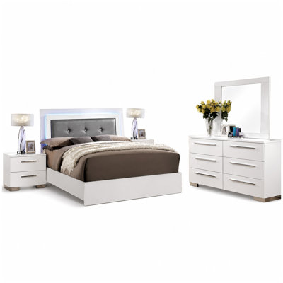 Ensemble de chambre pour grand lit 5 pièces Gely, 2 tables de chevet, capitonné, DEL, blanc brillant