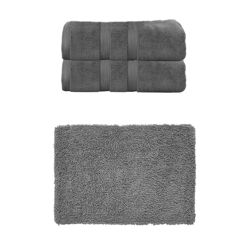 Bruno Collection 100% Soft Cotton Bath Towel Set & Bath Rug, 3 Piece Towel Set, Dark Gray
